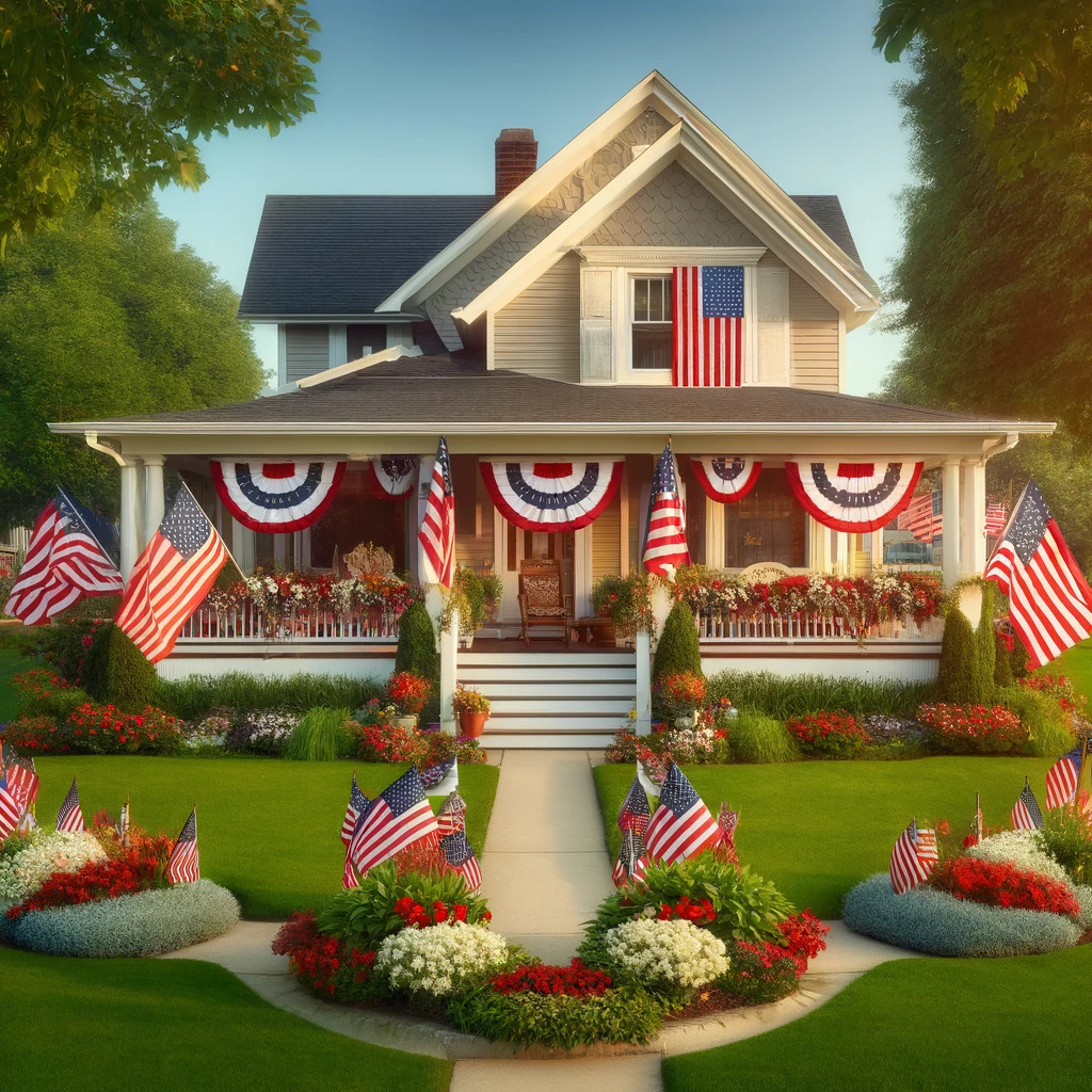 DALL·E 2024 04 09 18.16.08 A picturesque quintessential suburban house adorned with patriotic decorations. The front yard is manicured with a lush green lawn and the house its