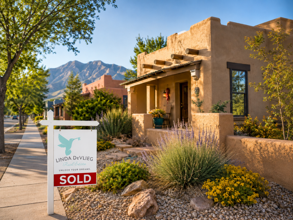 Desert-style adobe house with a front porch and a heavy cacti/stone landscape; a 'SOLD' real estate sign in the yard with mountains in the background.