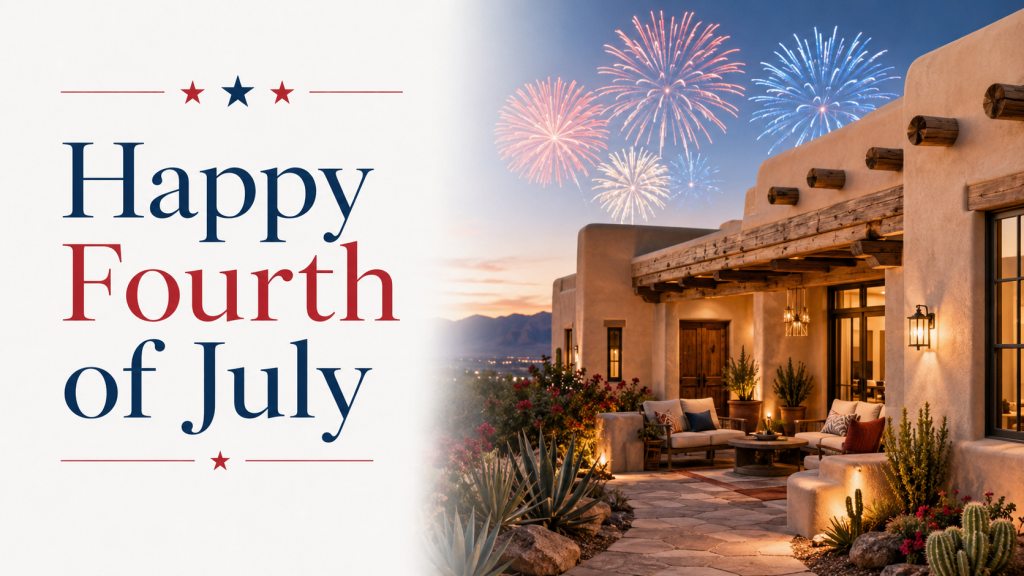 Happy Fourth of July headline on left with red and blue text; sunset patio with fireworks on right.